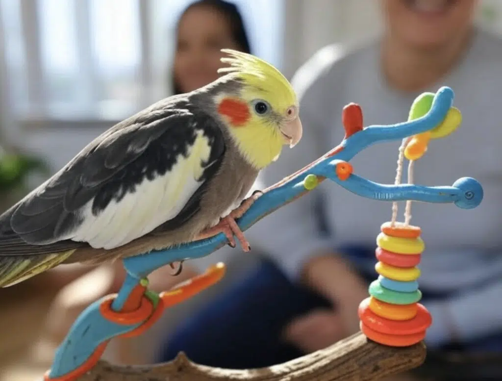 Cacatúa posada en una rama de juguete con anillos de colores en un entorno interior.