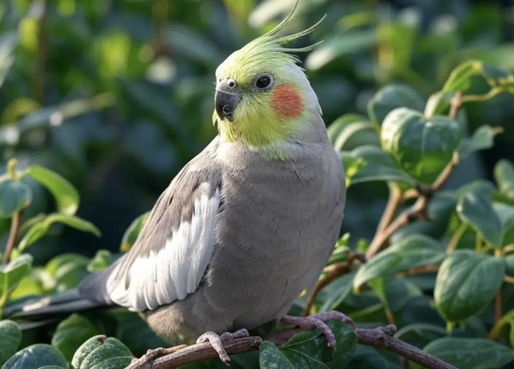 Cacatúa de color gris con cabeza amarilla y mejillas naranjas posada sobre una rama.