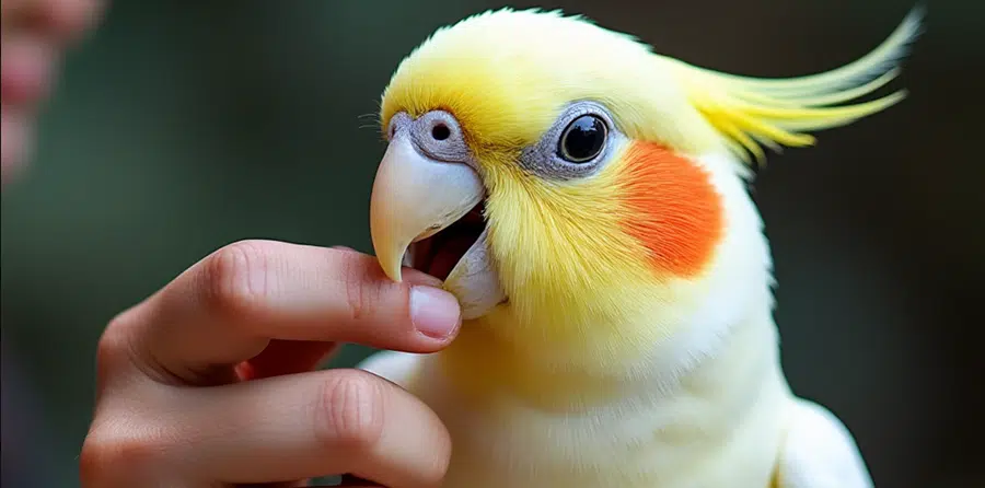 Cacatúa amarilla con mejillas naranjas siendo alimentada por una mano humana.