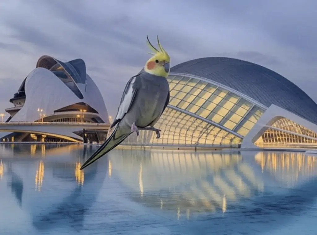 Cacatúa posada frente a la Ciudad de las Artes y las Ciencias en Valencia, España.
